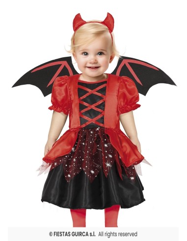Costume baby diavoletta rosso e nero con ali, vestito allacciato e cornetti per bambina 12-18 mesi Halloween