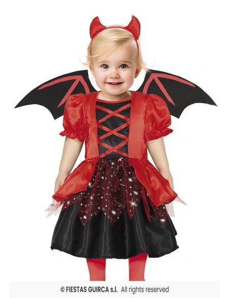 Costume baby diavoletta rosso e nero con ali, vestito allacciato e cornetti per bambina 12-18 mesi Halloween