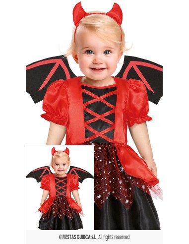 Costume baby diavoletta rosso e nero con ali, vestito allacciato e cornetti per bambina 12-18 mesi Halloween