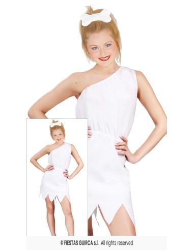 Costume cavernicola donna bianco monospalla con gonna irregolare per feste tema preistorico