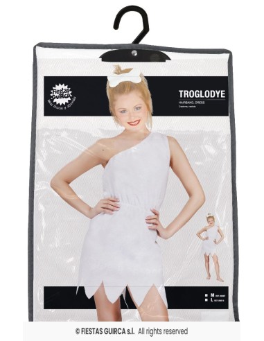 Costume cavernicola donna bianco monospalla con gonna irregolare per feste tema preistorico