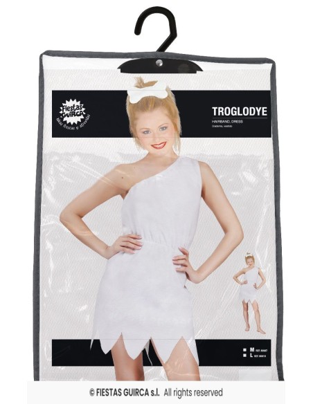 Costume cavernicola donna bianco monospalla con gonna irregolare per feste tema preistorico