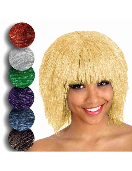 Parrucca lamé dorata corta con frangia e campionario colori assortiti per feste a tema disco