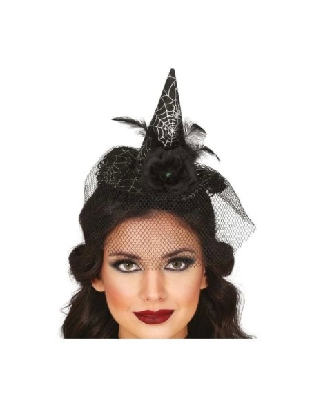 Mini cappello strega nero con ragnatele argentate, cerchietto e velo per costume Halloween donna