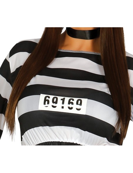 Costume da prigioniera donna con vestito a righe bianche nere e cappello per feste Halloween