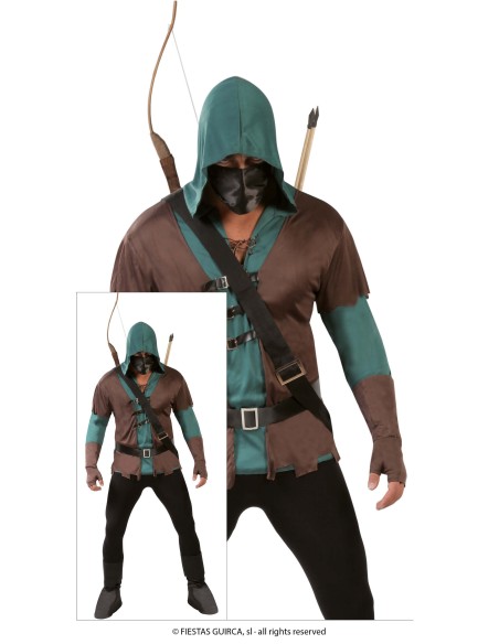 Costume arciere medievale verde marrone con cappuccio tunica cinture e faretra frecce uomo