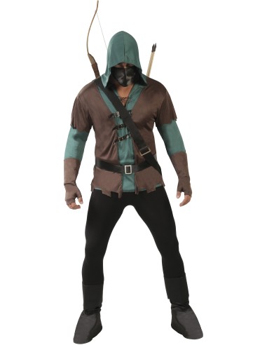 Costume arciere medievale verde marrone con cappuccio tunica cinture e faretra frecce uomo