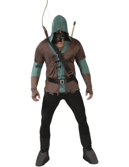 Costume arciere medievale verde marrone con cappuccio tunica cinture e faretra frecce uomo