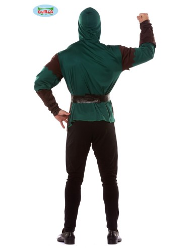 Costume arciere medievale verde marrone con cappuccio tunica cinture e faretra frecce uomo