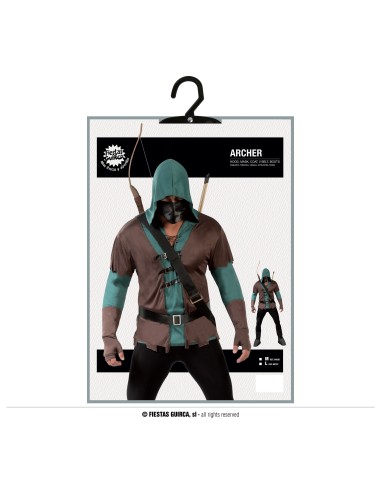 Costume arciere medievale verde marrone con cappuccio tunica cinture e faretra frecce uomo