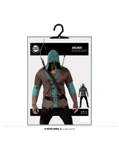Costume arciere medievale verde marrone con cappuccio tunica cinture e faretra frecce uomo
