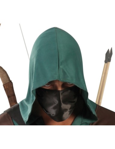Costume arciere medievale verde marrone con cappuccio tunica cinture e faretra frecce uomo
