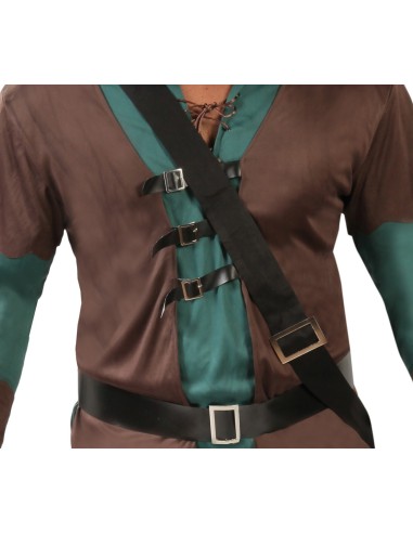 Costume arciere medievale verde marrone con cappuccio tunica cinture e faretra frecce uomo