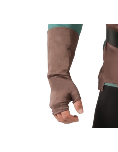 Costume arciere medievale verde marrone con cappuccio tunica cinture e faretra frecce uomo