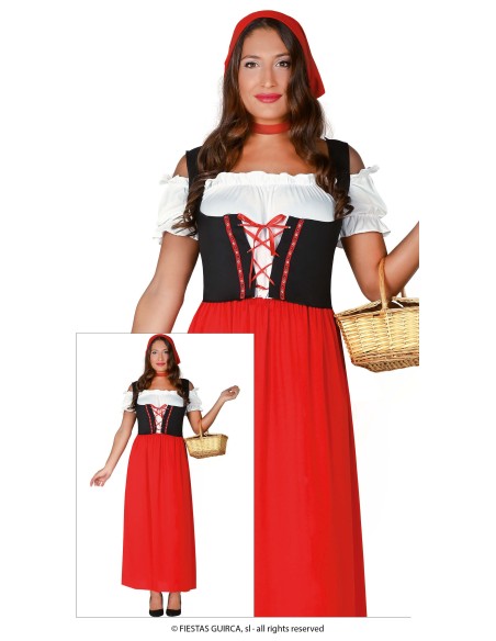 Costume da locandiera medievale donna con corsetto nero, gonna rossa e copricapo, include camicetta bianca
