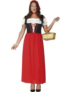 Costume da locandiera medievale donna con corsetto nero, gonna rossa e copricapo, include camicetta bianca 2