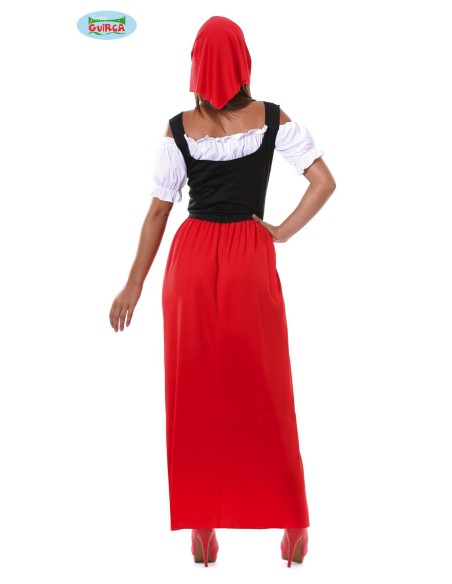 Costume da locandiera medievale donna con corsetto nero, gonna rossa e copricapo, include camicetta bianca