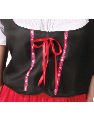 Costume da locandiera medievale donna con corsetto nero, gonna rossa e copricapo, include camicetta bianca