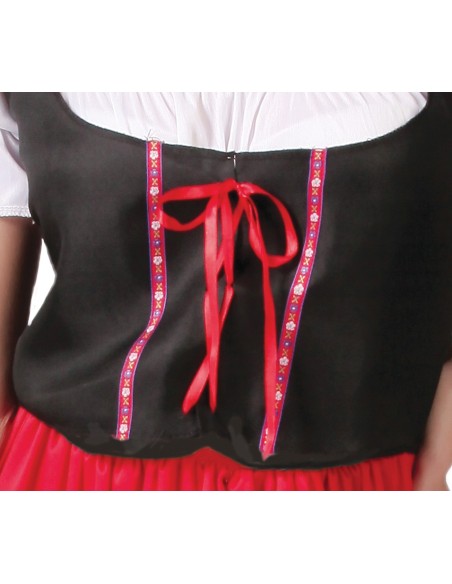 Costume da locandiera medievale donna con corsetto nero, gonna rossa e copricapo, include camicetta bianca