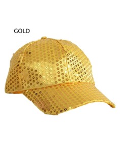 Cappello baseball oro con paillettes dorate scintillanti e visiera per feste glamour
