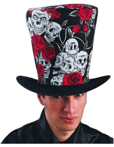 Cilindro nero con stampa teschi bianchi e rose rosse indossato da uomo per costume Halloween gotico