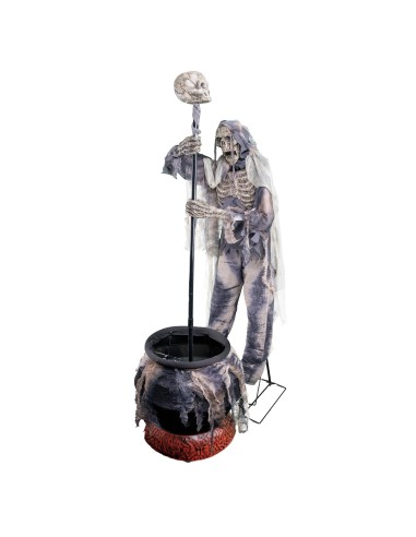Decorazione Halloween scheletro Morte con falce teschio mantello e calderone fumante 190cm