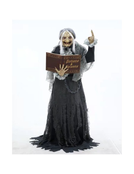 Decorazione Halloween strega animata 170cm con libro illuminato e abito nero lungo per feste horror