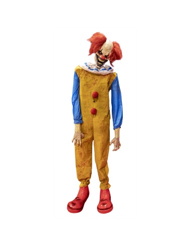 Decorazione Halloween clown spaventoso con testa oscillante costume giallo e blu capelli rossi 185cm
