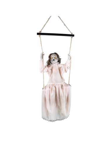 Bambola horror animata su altalena con vestito rosa per decorazioni Halloween 62cm