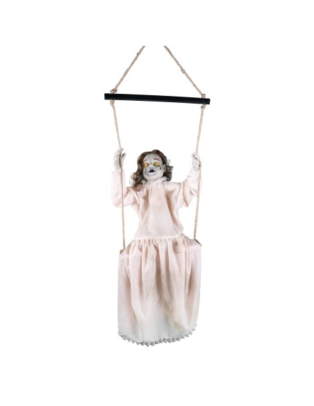 Bambola horror animata su altalena con vestito rosa per decorazioni Halloween 62cm