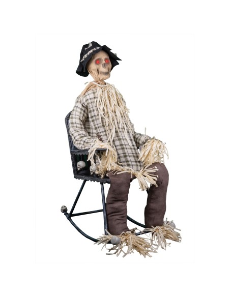 Spaventapasseri animato Halloween con teschio su sedia a dondolo nera decorazione horror 120cm