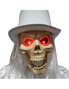 Scheletro decorativo elegante 180cm cappello grigio mantello argentato occhi rossi piedistallo Halloween 2