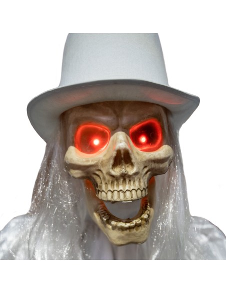 Scheletro decorativo elegante 180cm cappello grigio mantello argentato occhi rossi piedistallo Halloween
