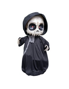 Decorazione Halloween mietitore animato 90cm con teschio, mantello nero e occhi rossi luminosi