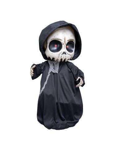 Decorazione Halloween mietitore animato 90cm con teschio, mantello nero e occhi rossi luminosi