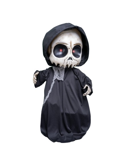 Decorazione Halloween mietitore animato 90cm con teschio, mantello nero e occhi rossi luminosi