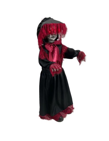 Bambola vittoriana zombie 90cm con vestito nero e rosso per decorazioni Halloween horror