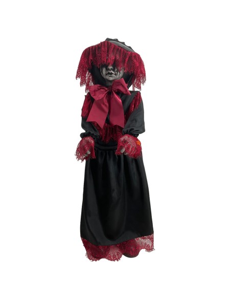 Bambola vittoriana zombie 90cm con vestito nero e rosso per decorazioni Halloween horror