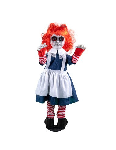 Bambola posseduta animata 95cm con capelli rossi vestito collegiale e calze a righe per Halloween horror
