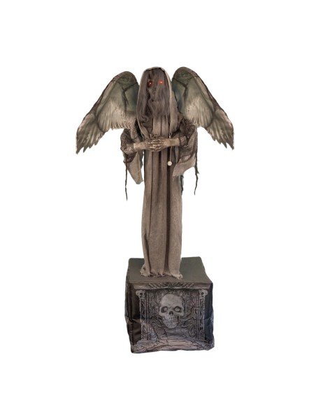 Decorazione Halloween angelo demoniaco 168cm con ali su lapide con teschio per feste horror