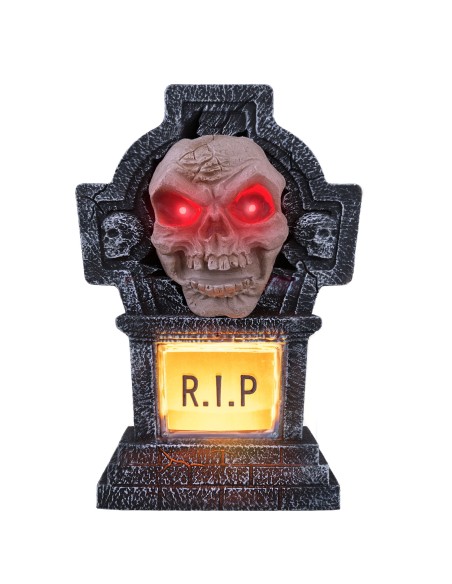 Lapide Halloween con zombie parlante, occhi rossi luminosi e scritta RIP illuminata per decorazioni horror