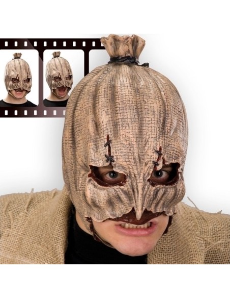 Maschera zucca horror spaventosa in tessuto beige con fessure occhi per Halloween