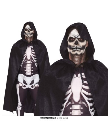 Mantello nero in velluto con cappuccio e stampa scheletro per costume Halloween