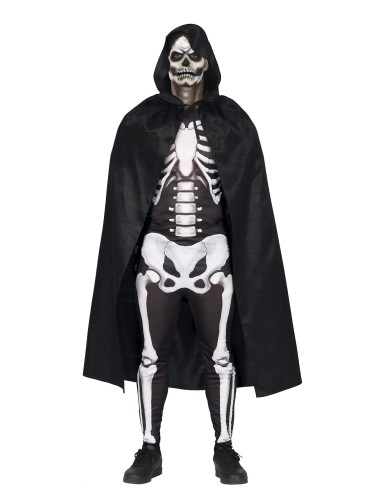 Mantello nero in velluto con cappuccio e stampa scheletro per costume Halloween
