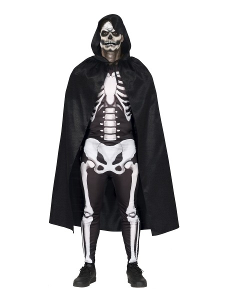 Mantello nero in velluto con cappuccio e stampa scheletro per costume Halloween