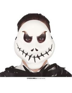 Maschera fantasma burbero PVC bianca con occhi scuri e bocca cucita per Halloween horror