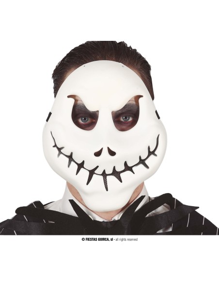 Maschera fantasma burbero PVC bianca con occhi scuri e bocca cucita per Halloween horror