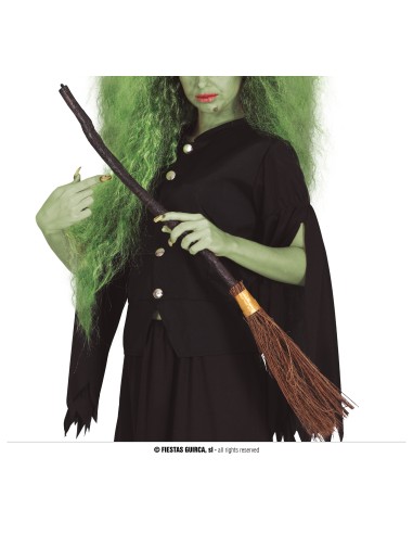 Scopa da strega smontabile 90 cm con manico nero e setole marroni per costume Halloween