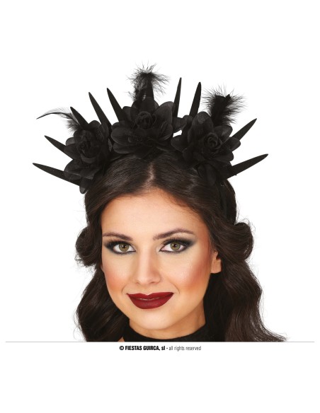 Cerchietto nero con fiori gotici e spine per costume Halloween donna