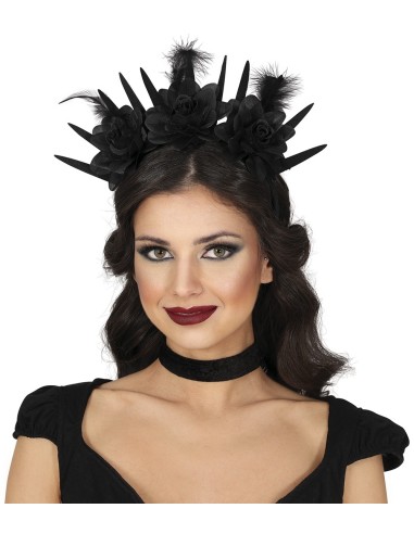 Cerchietto nero con fiori gotici e spine per costume Halloween donna